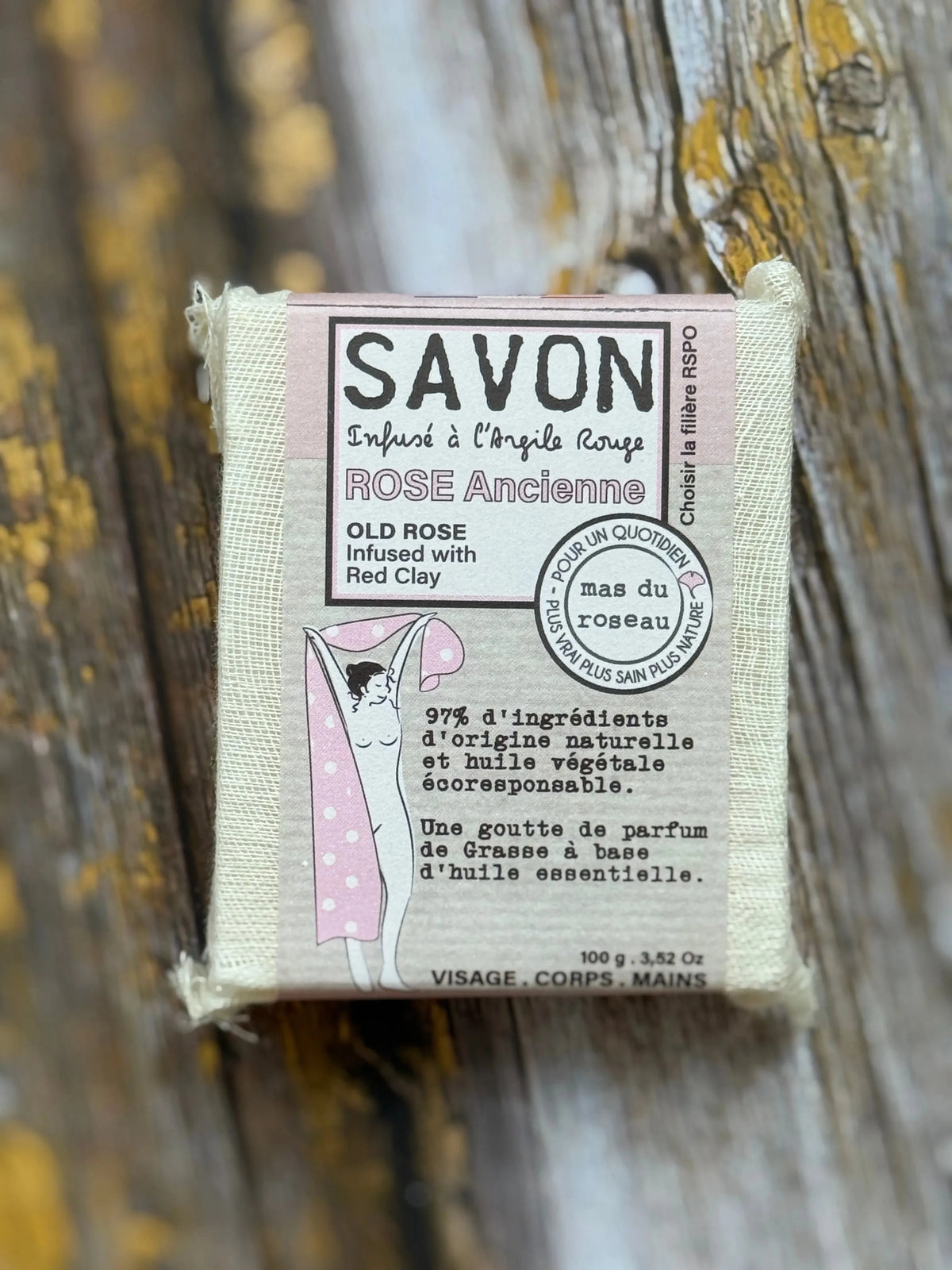 Old Rose and Red Clay Provençal soap by Mas du Roseau wrapped in cotton gauze, 100g