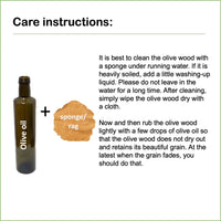 Care instructions for olive wood utensils showing olive oil and sponge with cleaning and oiling guidance