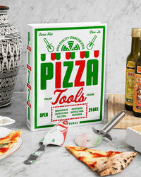 Pizza Tools box and utensils displayed with pizza
