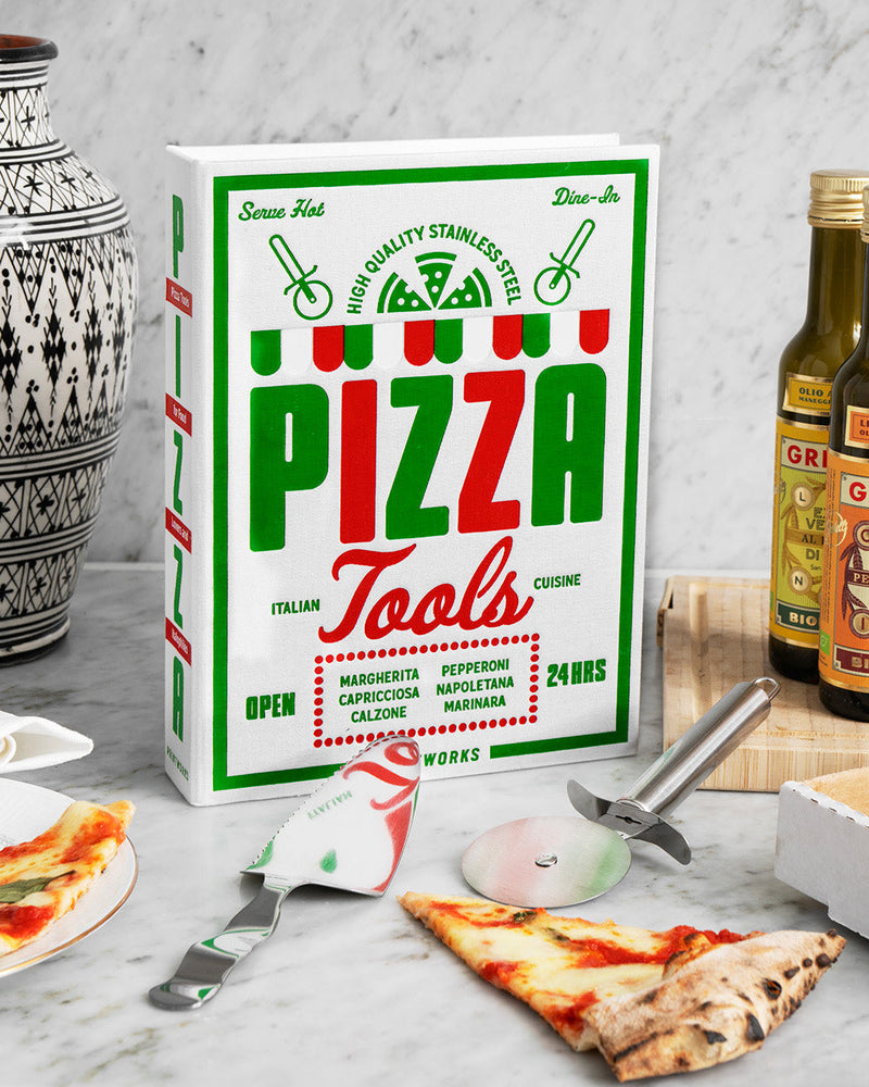 Pizza Tools box and utensils displayed with pizza