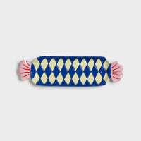  large candy-shaped ceramic plate in blue and cream diamond pattern
