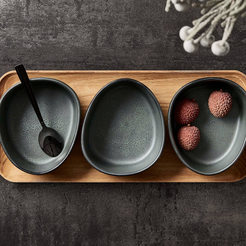 RAW organic northern green bowl set by aida with teak tray styled for snacks and serving