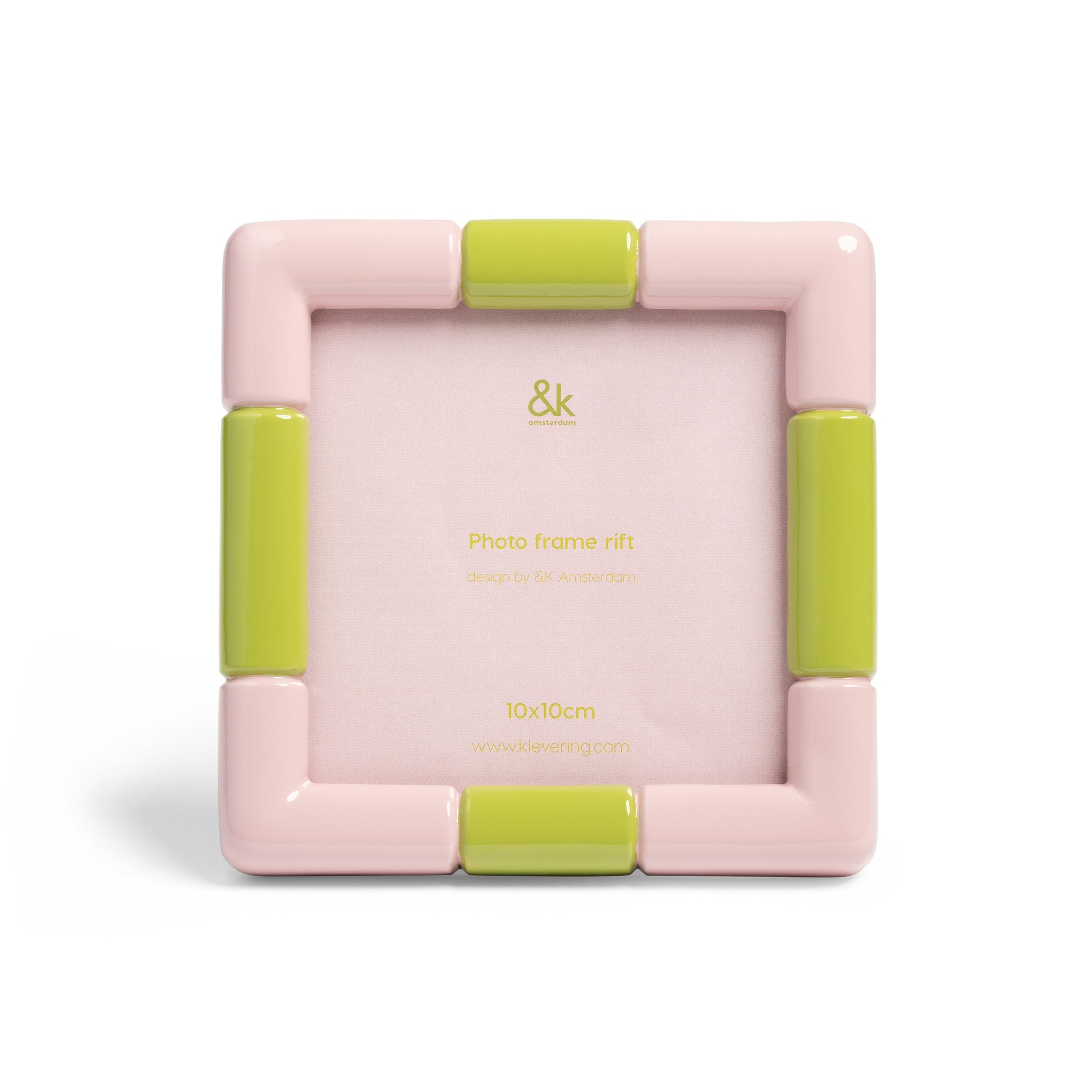Rift Square Pink frame by &Klevering with glossy segmented border.

