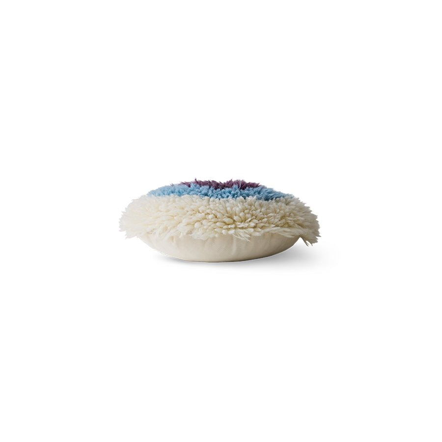 side view of round fluffy HKLIVING cushion showing soft layered wool texture
