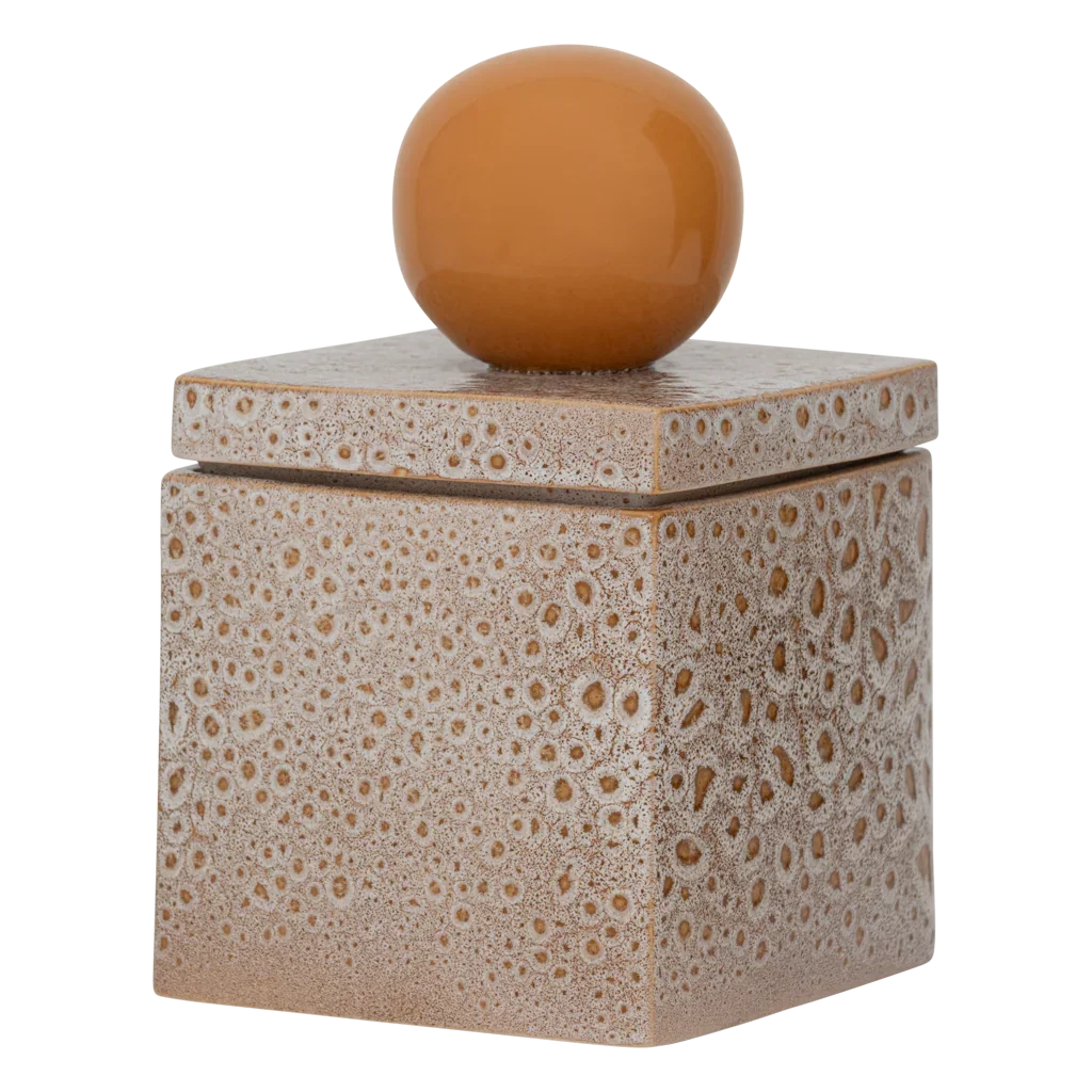 Runa storage jar at an angle, showing its cratered reactive glaze