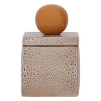 Runa square storage jar in mottled taupe with an orange ball knob, by Urban Nature Culture