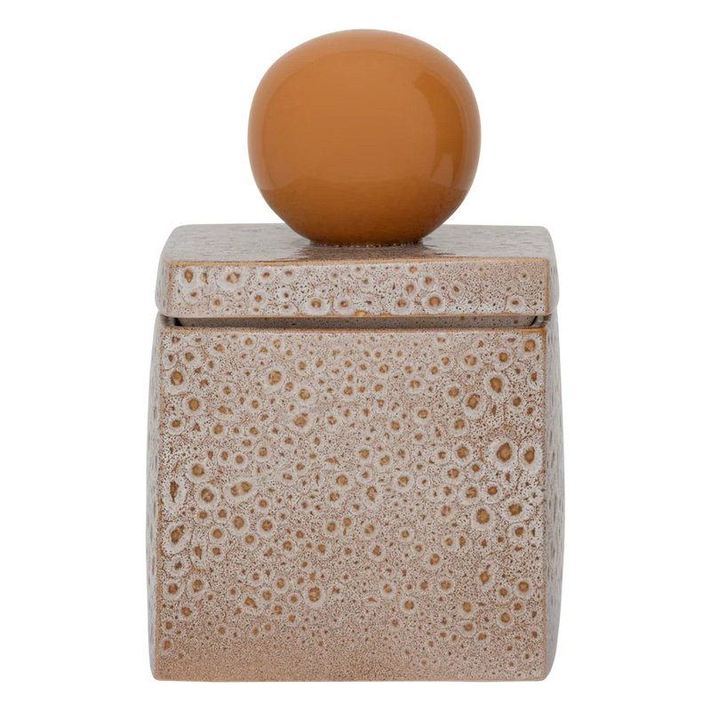 Runa square storage jar in mottled taupe with an orange ball knob, by Urban Nature Culture