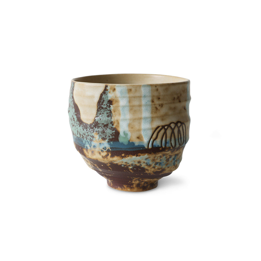 Scratched finish coffee cup by HKLIVING showing hand-painted, textured glaze.
