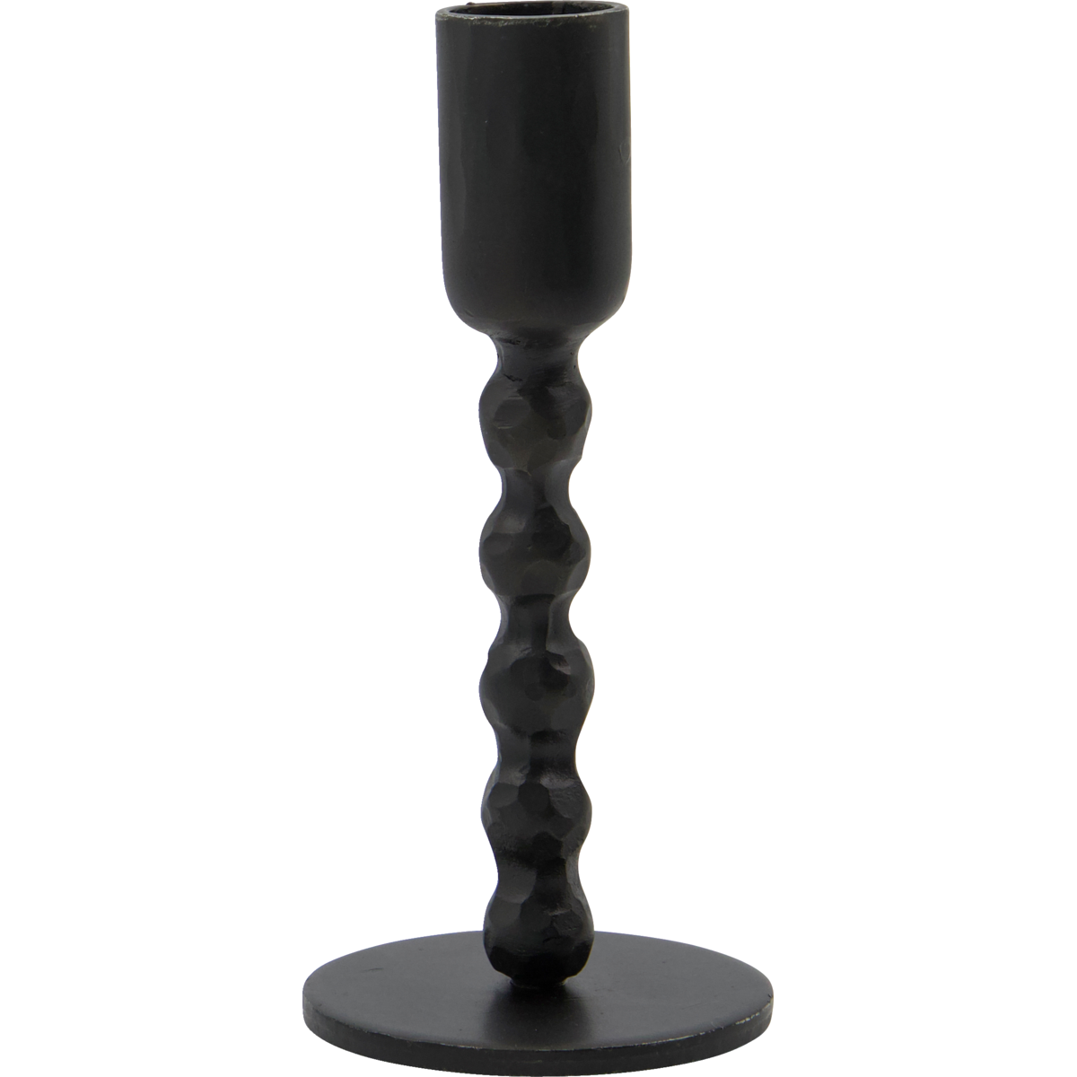 sculptural matte black candle stand with textured stem design
