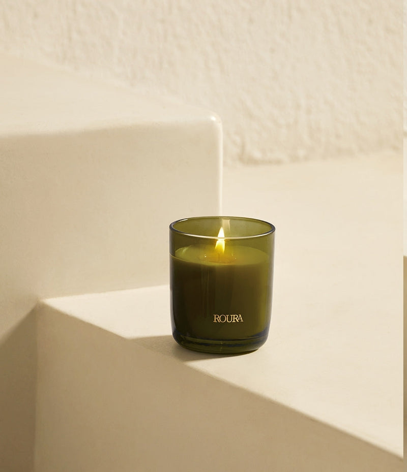 Secret Garden single wick candle in olive green glass with fresh floral fragrance