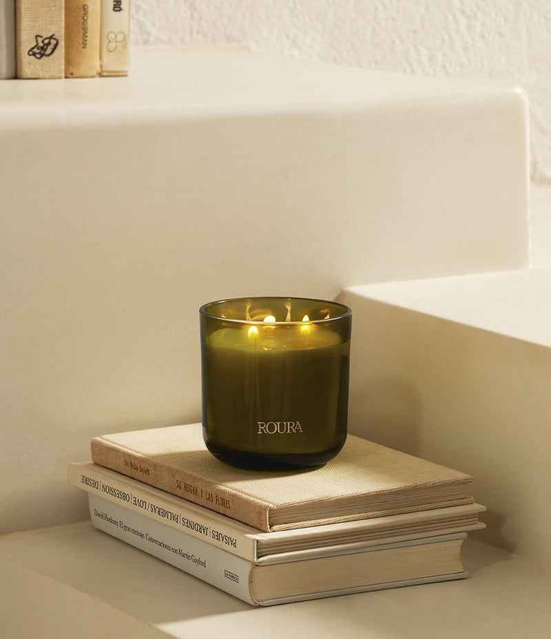 Secret Garden three wick candle in olive green glass for bright floral ambience