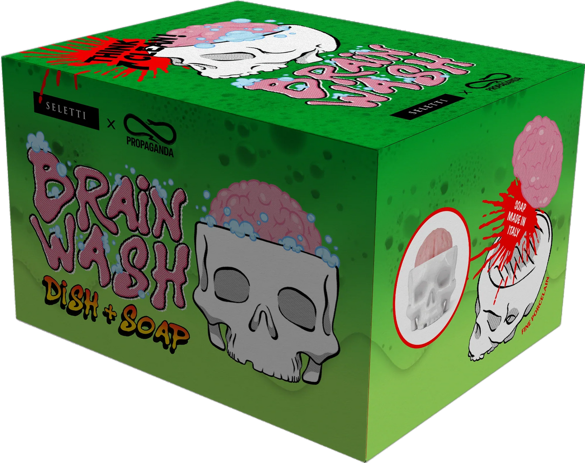 Seletti x Propaganda Brain Wash white soap dish and soap gift box.
