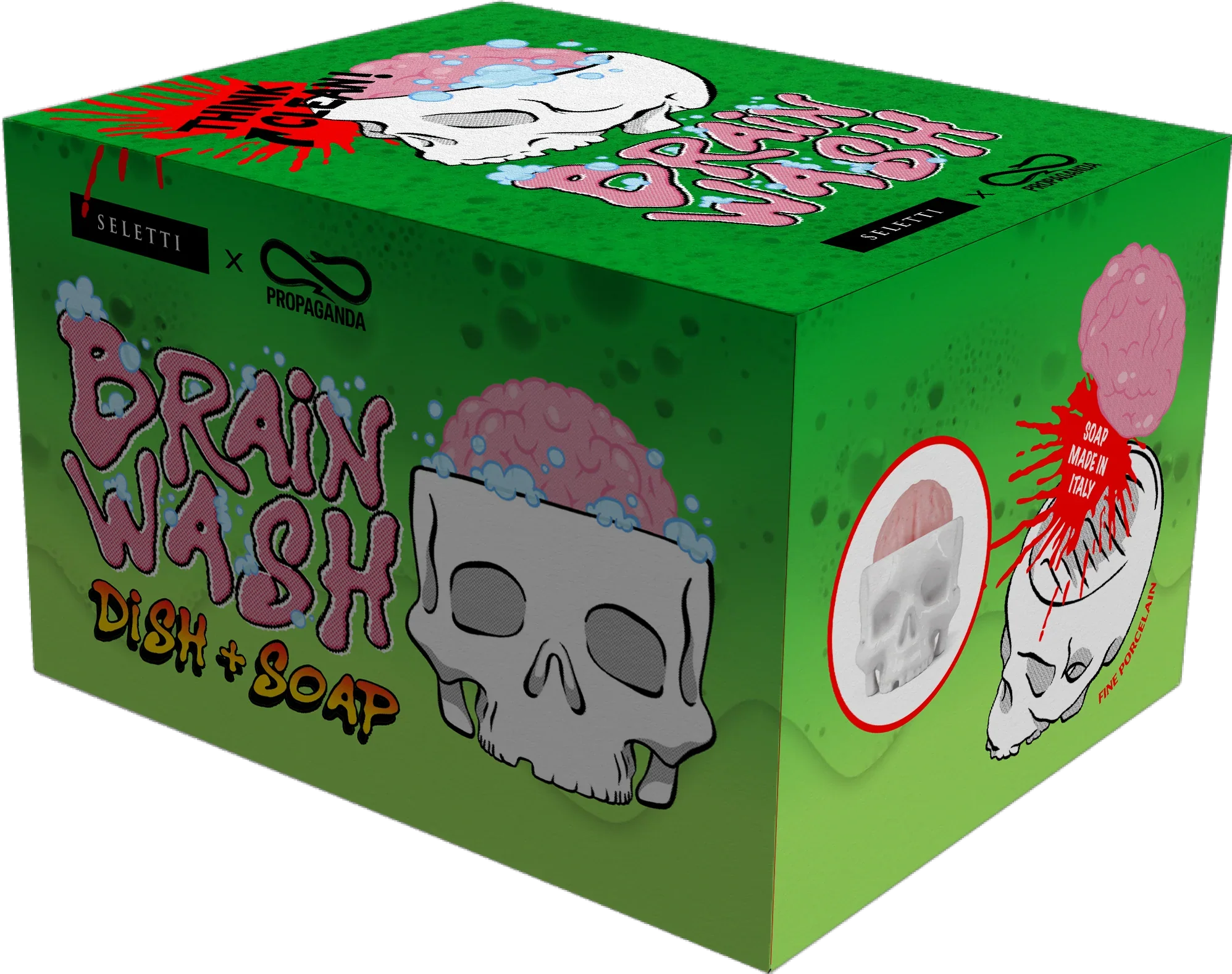 Seletti x Propaganda Brain Wash white soap dish and soap gift box.
