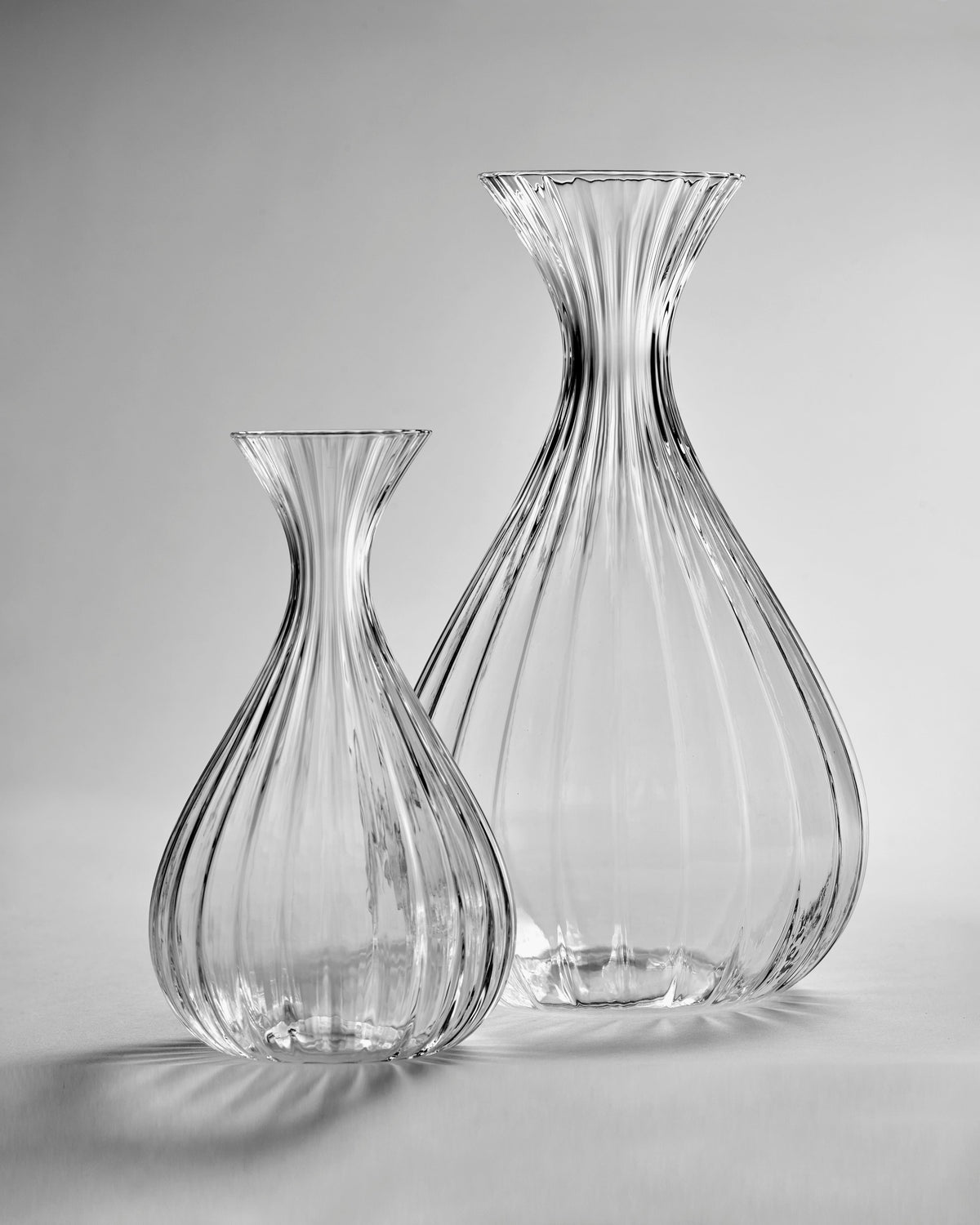 Inku ribbed glass carafes by Sergio Herman for Serax grouped together in different sizes