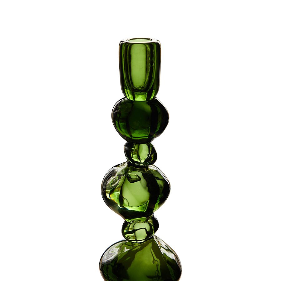 Close-up of stacked glass detail on large emerald candle holder