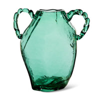 Front view of green glass amphora vase with twisted gem-like handles