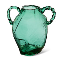 Alternate angle of green glass amphora vase showing faceted body