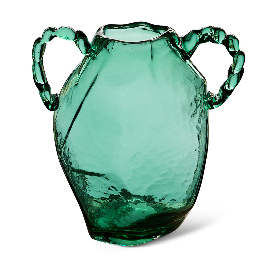 Alternate angle of green glass amphora vase showing faceted body