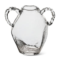 Front view of clear glass amphora vase with twisted gem-like handles