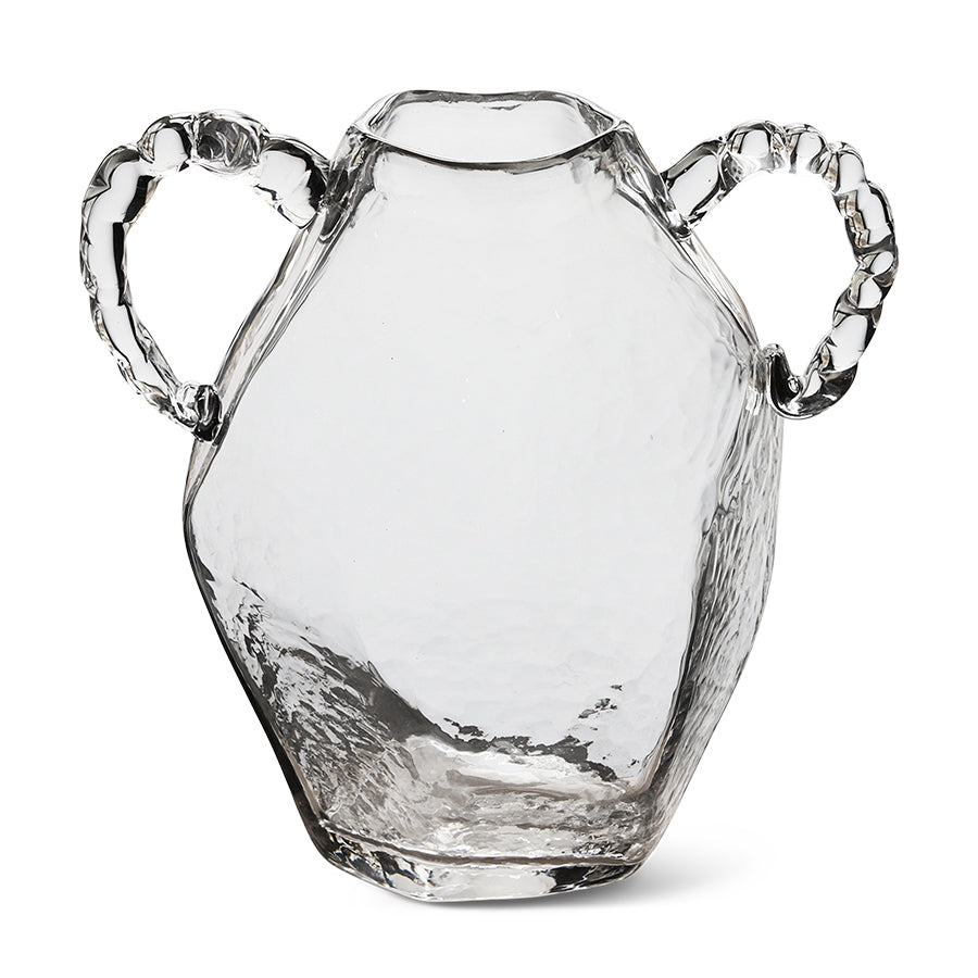 Front view of clear glass amphora vase with twisted gem-like handles