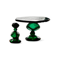 Emerald green hkliving glass dessert stand with decorative top piece beside