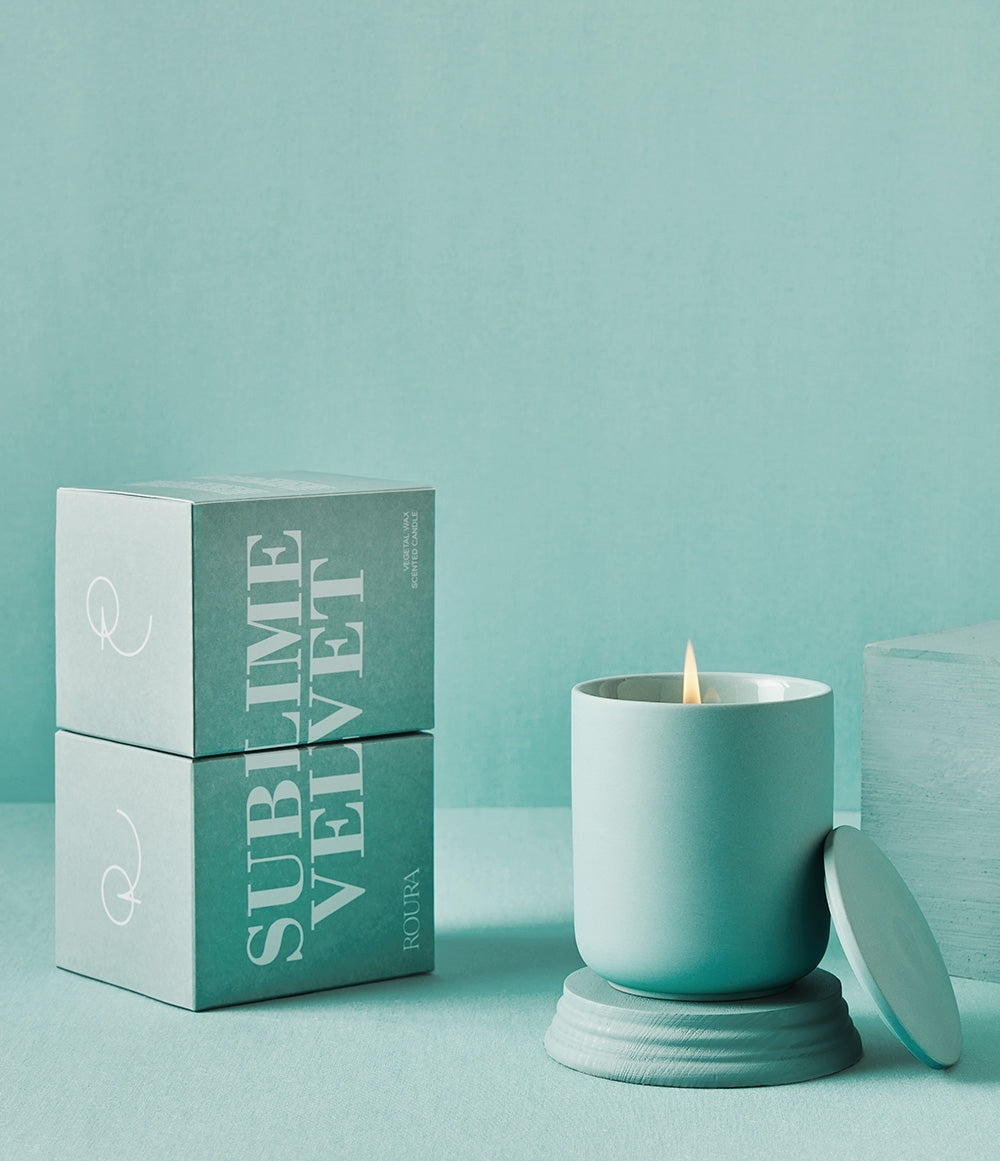 Sublime Velvet scented candle in matte aqua ceramic vessel with lid and gift box
