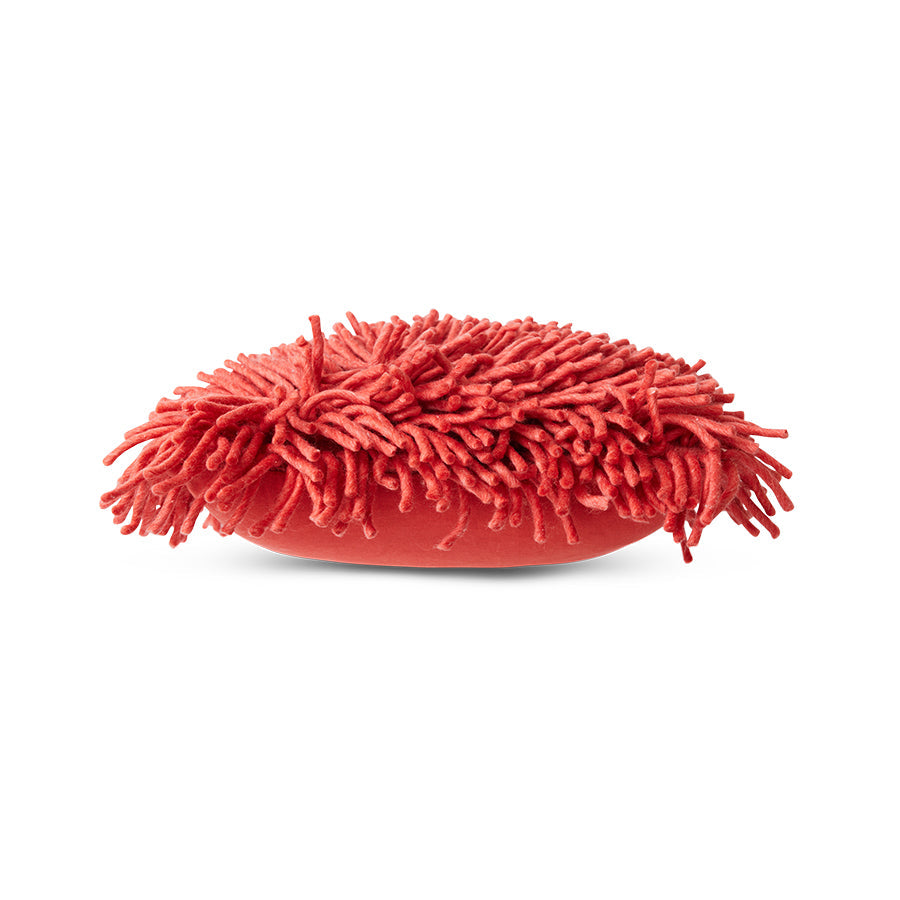 HKLIVING cherry red rugged wool cushion 50x50cm, side view showing thickness and plush pile
