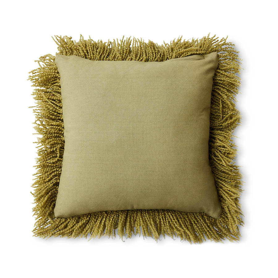 Olive green fluffy wool cushion rear view, textured square scatter cushion 50x50cm by HKLIVING
