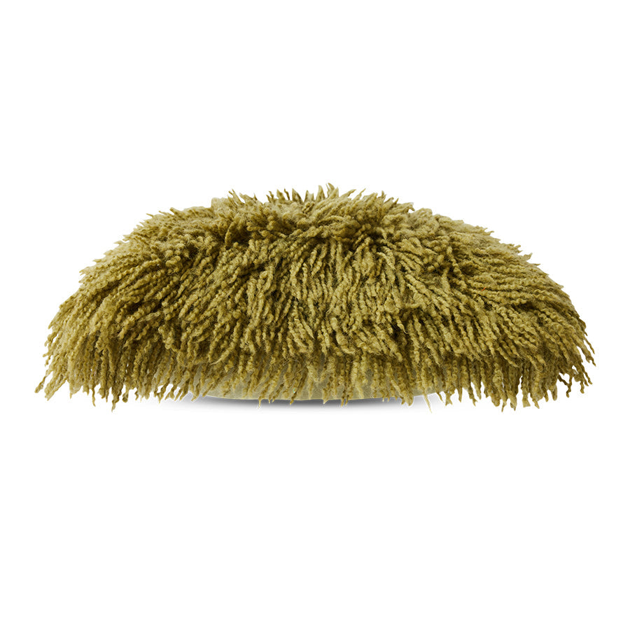 Olive green fluffy wool cushion side view, textured square scatter cushion 50x50cm by HKLIVING
