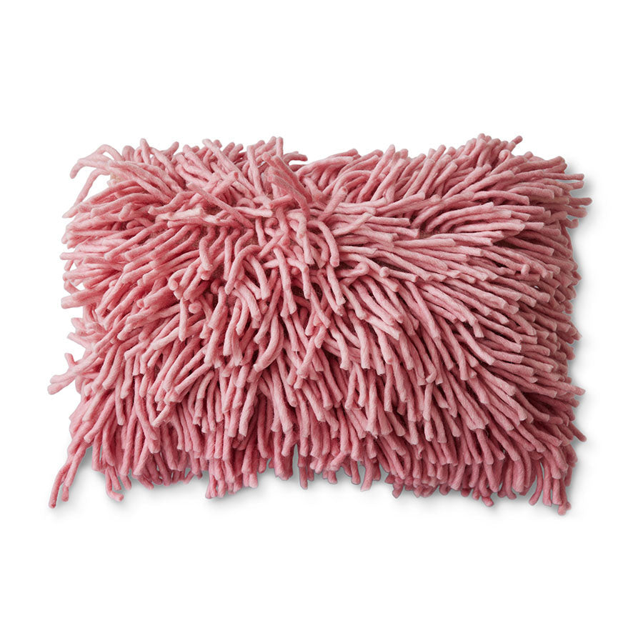 HKLIVING pink rugged wool-cotton cushion 60x40cm, rectangular scatter cushion with plush shaggy pile
