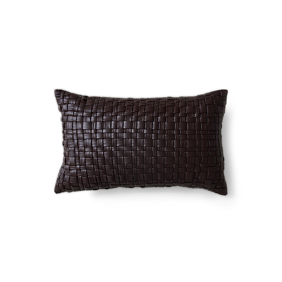Chocolate brown woven faux leather cushion on white background