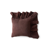 Chestnut brown cotton ruffle cushion on white background