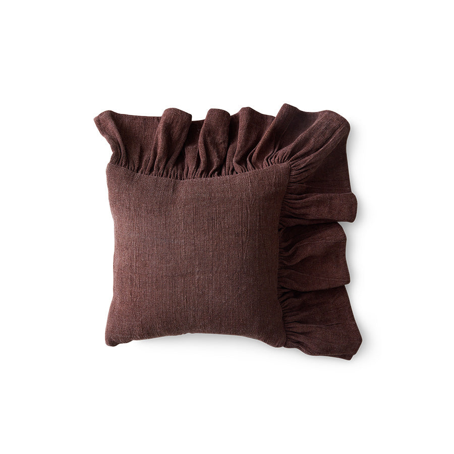 Chestnut brown cotton ruffle cushion on white background