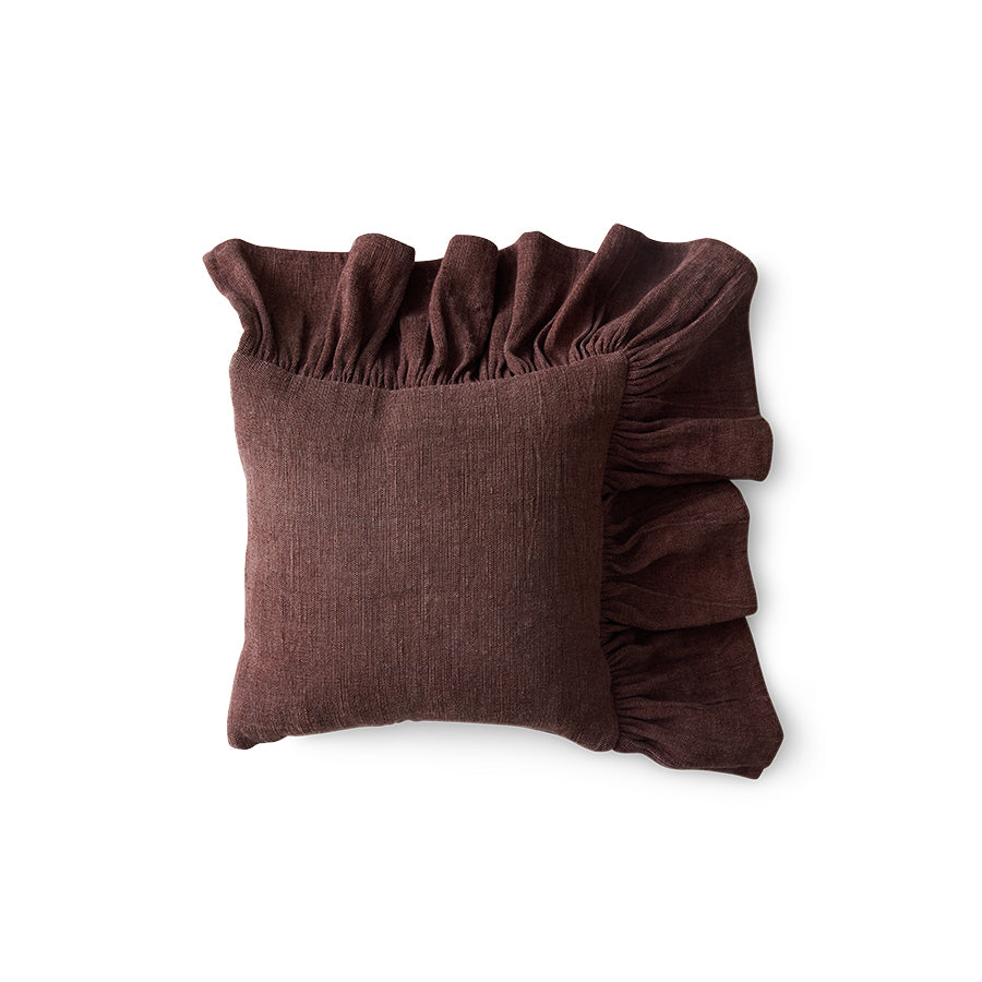 Front view of chestnut brown cotton ruffle cushion on white background