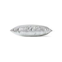 Side profile of silver faux leather cushion showing crinkled texture