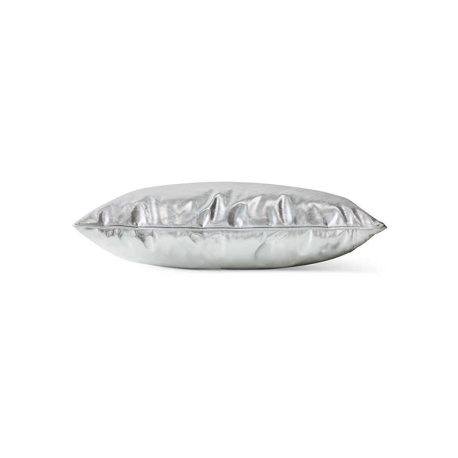 Side profile of silver faux leather cushion showing crinkled texture