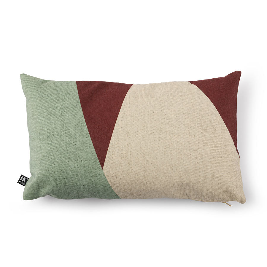 Back of Kyoto cushion by HKLIVING with abstract sage, terracotta and cream colour-block print