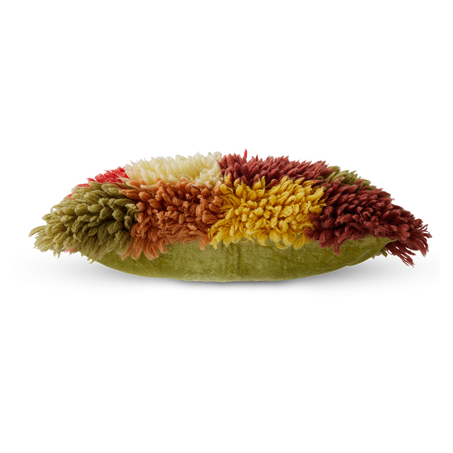 side angle view of HKLIVING fluffy shaggy cushion showing thickness and rectangular shape

