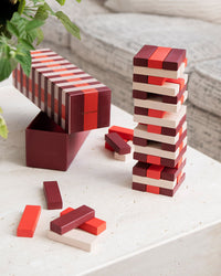 Tumbling Tower game styled on coffee table