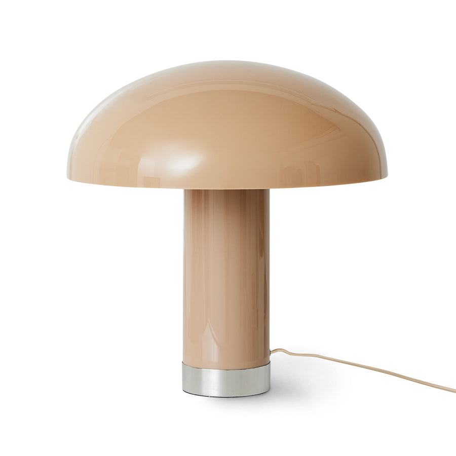 mocha lounge lamp switched off with its brown caramel colour from HKLIVING and chrome ring base, all in the shape of a sleek mushroom