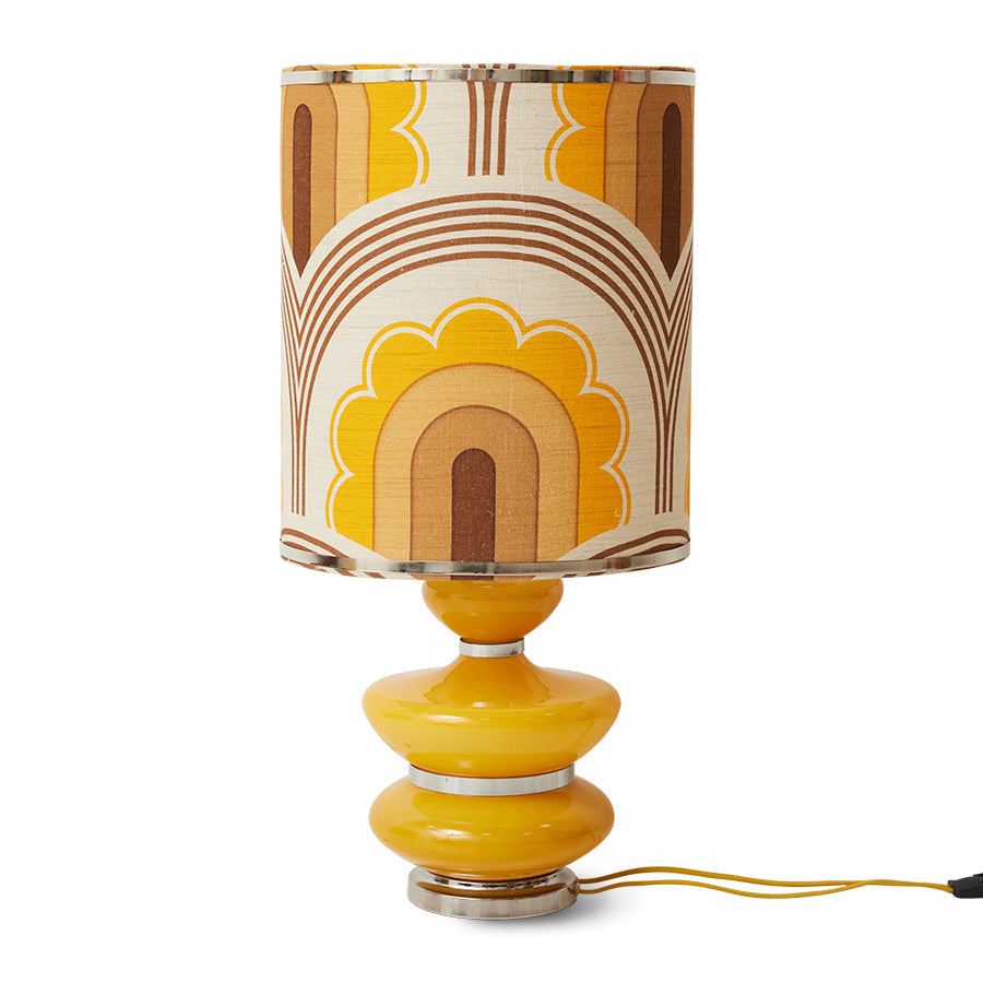 hkliving bubble lamp base in honey glass fitted with a retro brown and yellow arched print lampshade