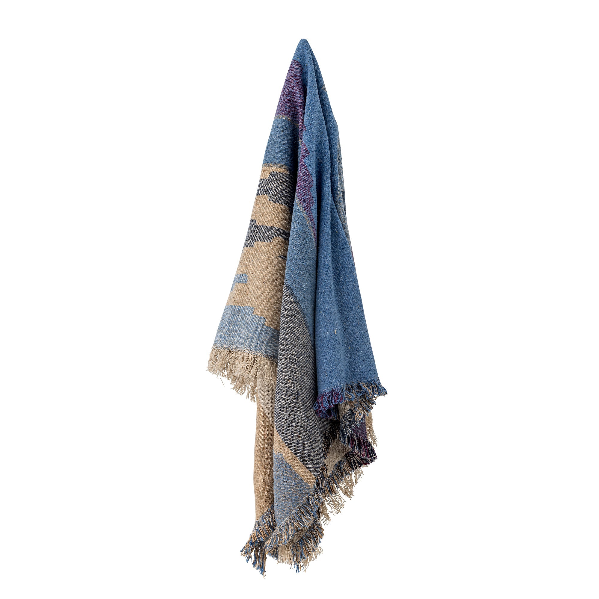 Close-up of woven blue and beige Maji throw fabric